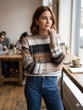 Vintage Style Grandpa Core Cozy Fair Isle Crewneck Sweater Brown Size Small